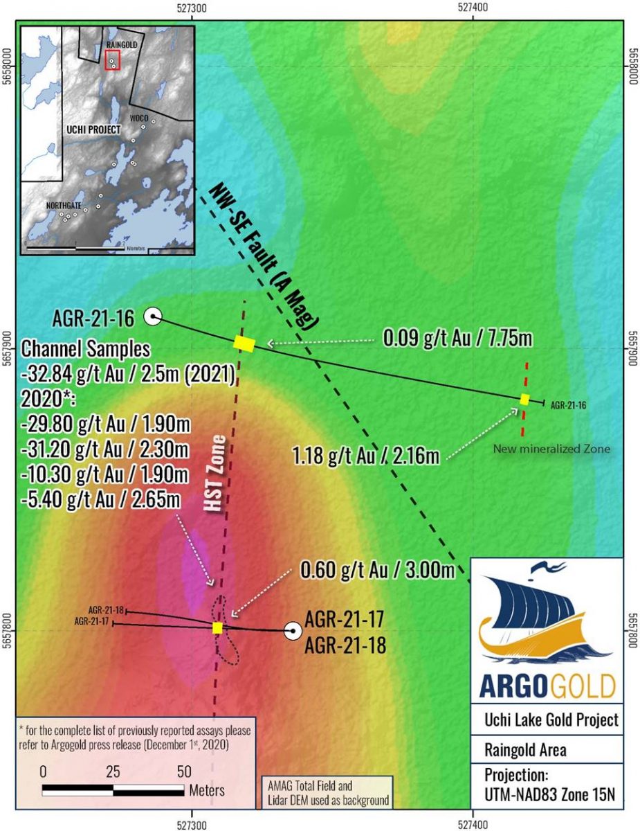 Uchi Lake - RainGold-Karte mit AMAG Total Field und Lidar DEM als Hintergrund