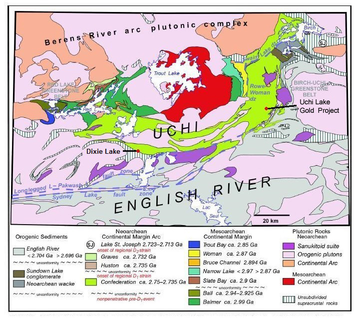 Carte de la zone du projet aurifère du lac Uchi (assemblages tectonostratigraphiques de l’est de la sous-province Uchi OGS